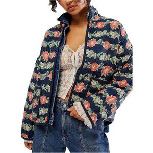 Women’s Retro Floral Quilted Cropped Puffer Jacket Stand Collar Vintage Coat
